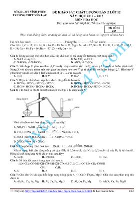 Đề khảo sát chất lượng lần 2 lớp 12 năm học 2014  2015 môn Hóa Học - Mã đề thi 485
